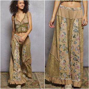POL Floral Patchwork Wide Leg Pants - Tan and Cream